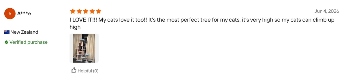 5-star review from a New Zealand buyer showing a tall cat tree with their cats climbing, titled 'I LOVE IT!!!'