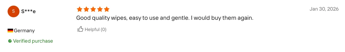 5-star review from a Germany buyer praising good quality pet wipes as easy to use and gentle