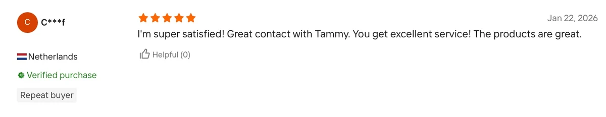 5-star review from a Netherlands repeat buyer complimenting Tammy's excellent service and great products