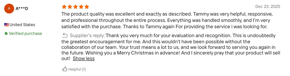 5-star review from a United States buyer praising product quality and Tammy's responsive professional service, with supplier reply