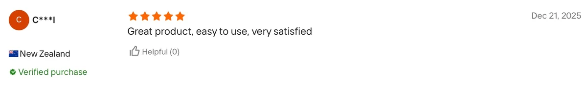 5-star review from a New Zealand buyer stating great product, easy to use, very satisfied