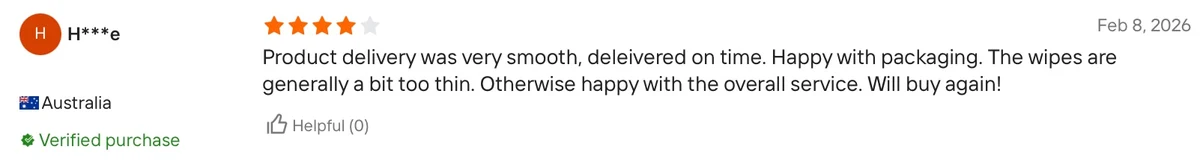 4-star review from an Australia buyer noting smooth delivery, on-time packaging, and willingness to buy wipes again