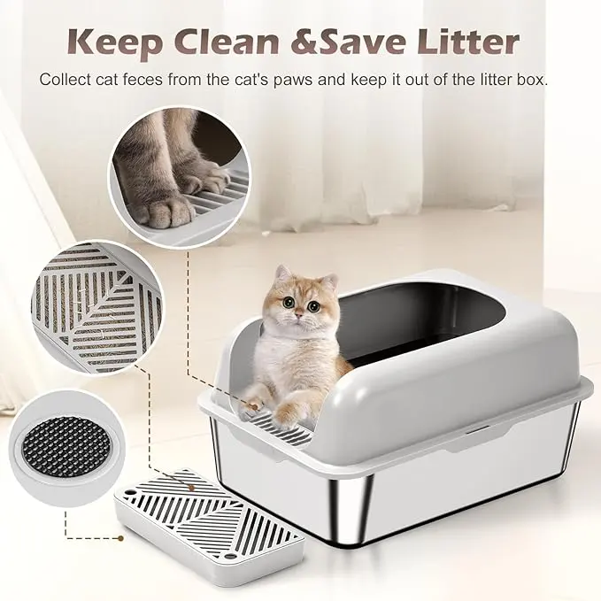 Oversized Anti-Splash Deepened Semi-Closed Cat Toilet High Fence Stainless Steel for Cats for Wholesale & OEM Programs detail