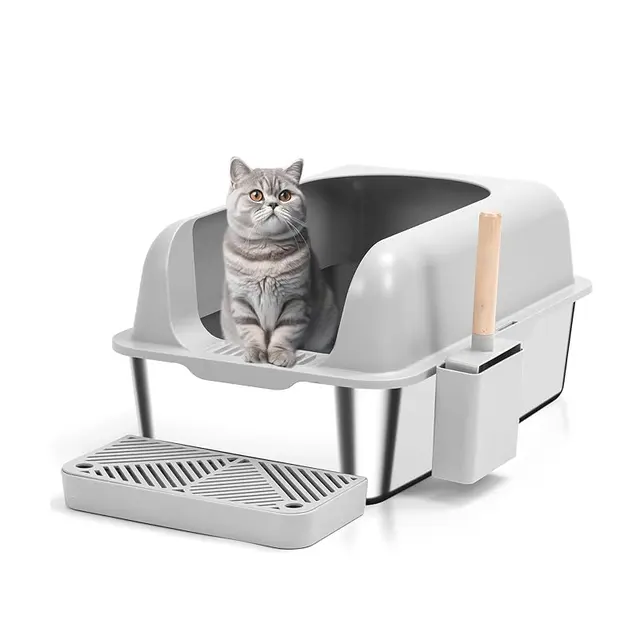 Oversized Anti-Splash Deepened Semi-Closed Cat Toilet High Fence Stainless Steel for Cats for Wholesale & OEM Programs