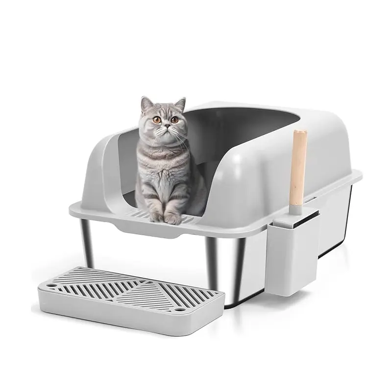 Oversized Anti-Splash Deepened Semi-Closed Cat Toilet High Fence Stainless Steel for Cats for Wholesale & OEM Programs