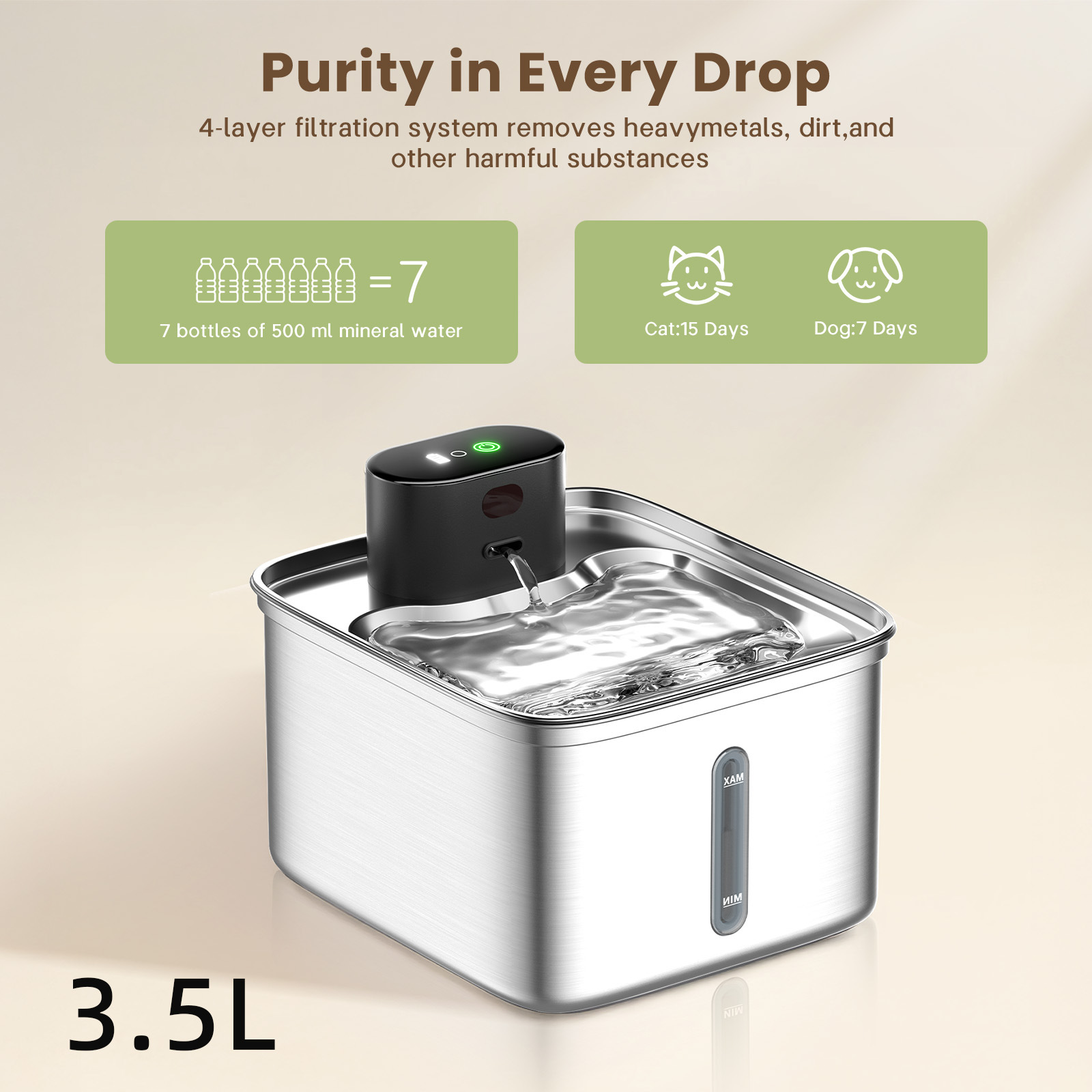 Eco-Friendly Stainless Steel Pet Water Fountain 3.5L Large Capacity Automatic for Small Animals for Wholesale & OEM Programs detail