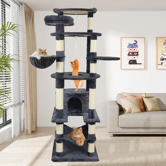 Tall 78.8in Dark Gray Cat Tree Multilevel Cat Tower Large Platform Wide Base Adult for Cats for Wholesale & OEM Programs