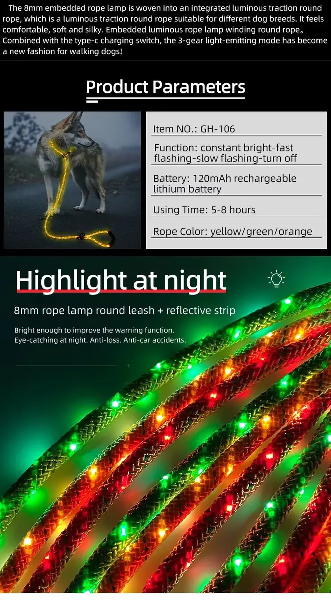 LED Light-Up Dog Leash Night Use Protective Sporty Glow-in-the-Dark Polyester Rope for Cats for Wholesale & OEM Programs detail