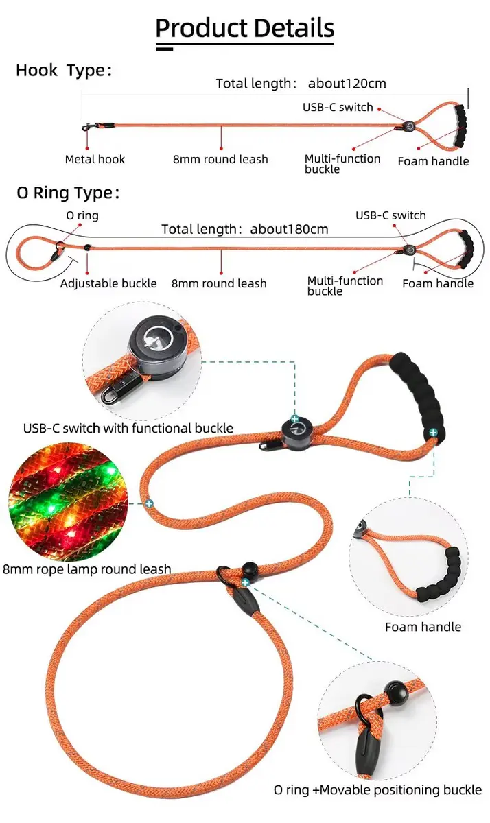 LED Light-Up Dog Leash Night Use Protective Sporty Glow-in-the-Dark Polyester Rope for Cats for Wholesale & OEM Programs detail