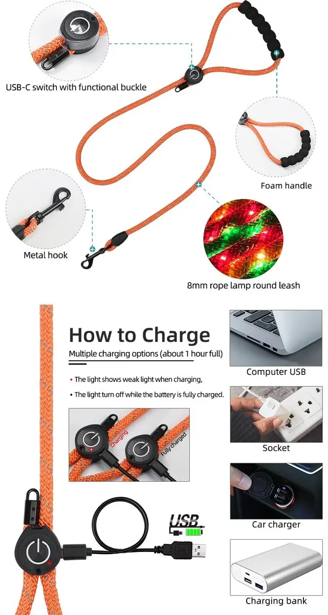 LED Light-Up Dog Leash Night Use Protective Sporty Glow-in-the-Dark Polyester Rope for Cats for Wholesale & OEM Programs detail