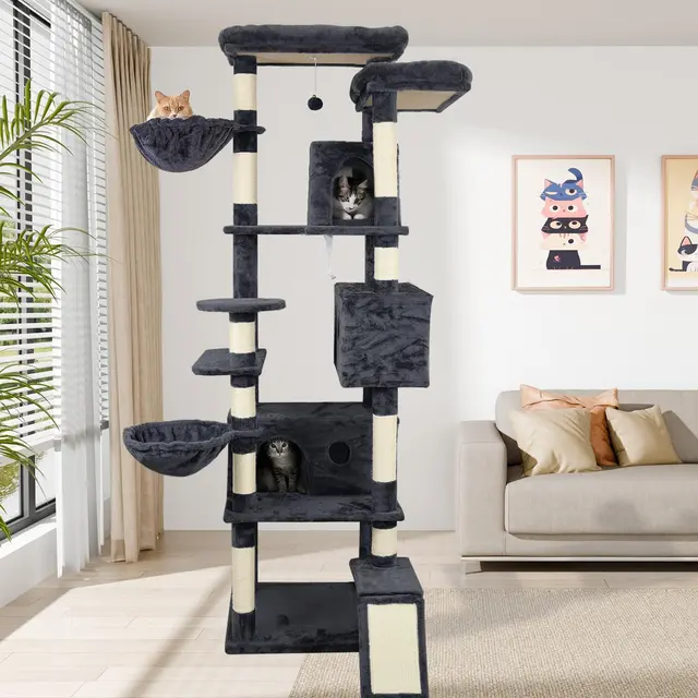 Cheap Multilevel Dark Gray Modern Wood Cat Tree Tower Platform Large Wide Base Condo for Wholesale & OEM Programs