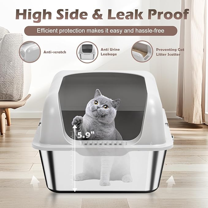 Oversized Anti-Splash Deepened Semi-Closed Cat Toilet High Fence Stainless Steel for Cats for Wholesale & OEM Programs view 6