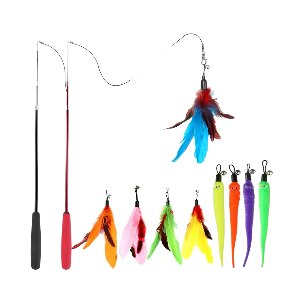 Purple Blue Retractable Funny Pet Toys Interactive Indoor Chicken Feather Cat Game for Cats for Wholesale & OEM Programs