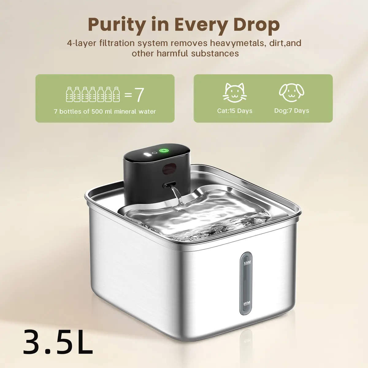 Eco-Friendly Stainless Steel Pet Water Fountain 3.5L Large Capacity Automatic for Small Animals for Wholesale & OEM Programs detail