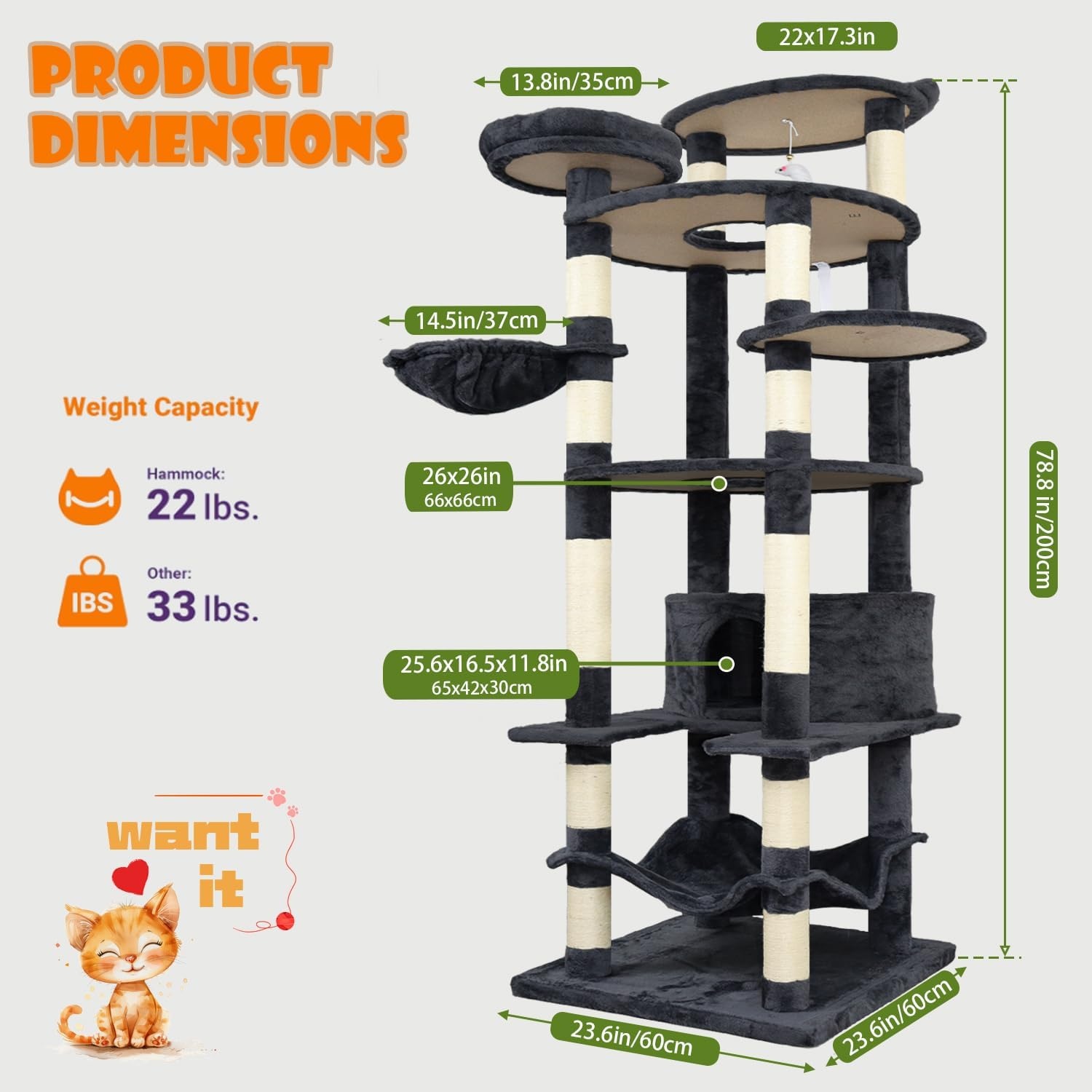 Tall 78.8in Dark Gray Cat Tree Multilevel Cat Tower Large Platform Wide Base Adult for Cats for Wholesale & OEM Programs view 5