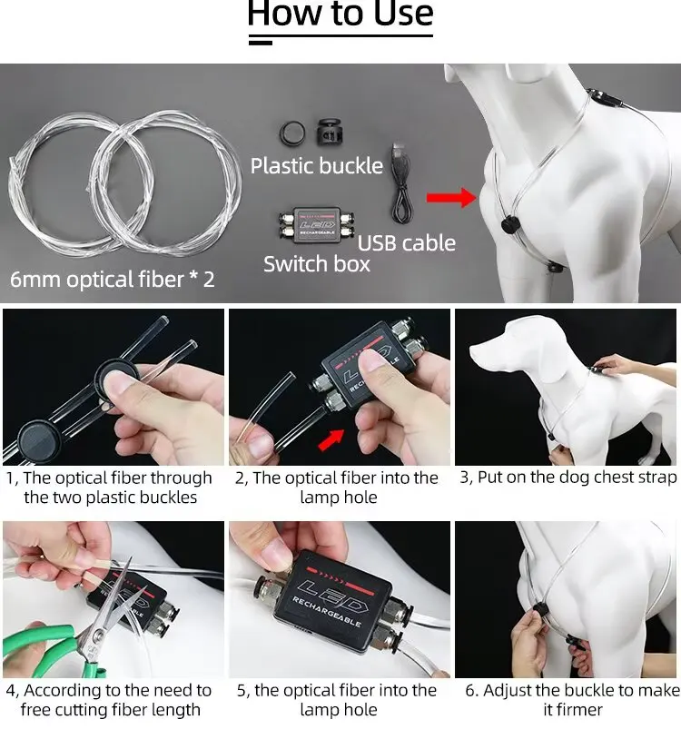 USB 6MM Optical Fiber Dog Harness LED Glowing Dog Vest for Walking the Dog at Night for Dogs for Wholesale & OEM Programs detail